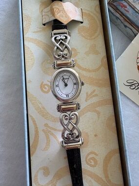 Brighton Silver and Gold Mixed-Metal Women's Watch with Black Leather Strap